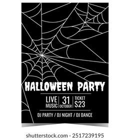 Cartaz de convite de festa de Halloween com teia de aranha sobre fundo preto. Banner, folheto ou folheto para convidar amigos para a celebração de férias em ambiente assustador com decorações escarlate.