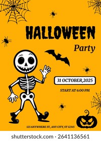 Halloween party invitation poster with spooky skeleton, bats, spiders, pumpkins, and party details in bold orange and black theme. Vector art