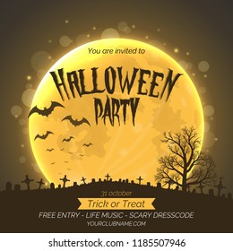 Halloween party invitation poster template with dark forest, graveyard and place for text.