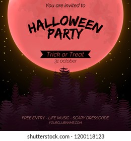 Halloween party invitation poster template with dark forest, full moon and place for text.