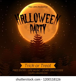 Halloween party invitation poster template with dark forest, full moon and place for text.