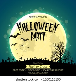 Halloween party invitation poster template with dark forest, graveyard and place for text.