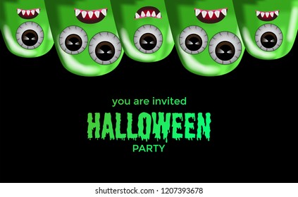 Halloween party invitation poster template with illustration of green jelly cute monster