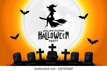 Halloween party invitation poster template with illustration of silhouette witch flying on the graveyard at the night with full moon