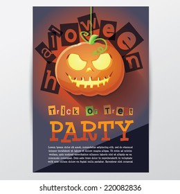 Halloween party invitation poster template- scary curved pumpkin with evil face vector illustration