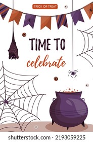 Halloween party invitation poster. With witch pot with poison, spider nets, spiders, halloween garlands, halloween candies and eye balls. Trick or treat design. For poters, flyers, web designs.