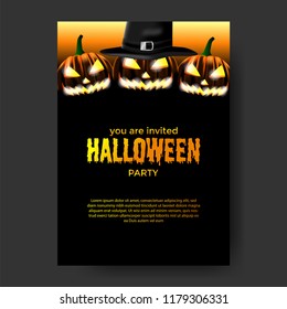 Halloween party invitation with pumpkin jack lantern. Trick or treat event. poster and banner template. vector illustration