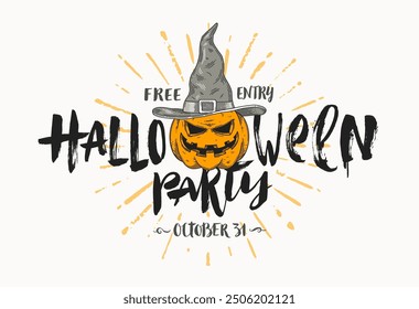 Halloween party invitation with pumpkin in a witch's hat - vector illustration with hand drawn calligraphy design.