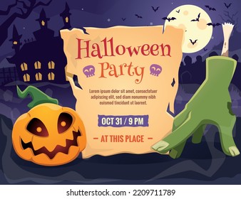 Halloween party invitation with pumpkin and zombie hand