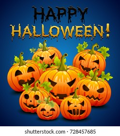 Halloween party invitation with pumpkins on blue background. Vector illustration