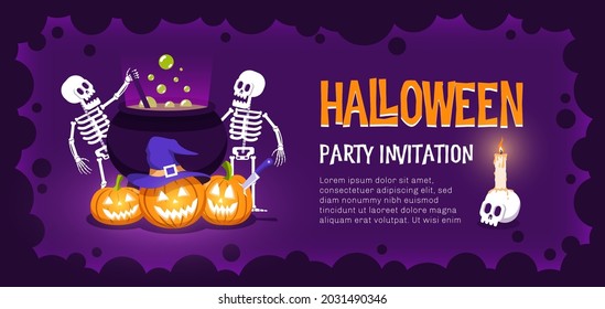 Halloween party invitation with pumpkins witch cauldron and skeletons. Halloween flyer template. Vector illustration.