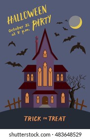 Halloween party invitation rectangular composition with creepy house, trees and bats flying over the moon.