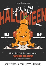 Halloween party invitation in retro groovy style. Cute pumpkin as a DJ with pumpkin headphones. Design template for advertising, web, social media. 70s 80s style vector illustration.