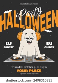 Halloween party invitation in retro groovy style. Funky ghost character as a DJ with pumpkin headphones. Halloween party flyer layout for advertising, web, social media.