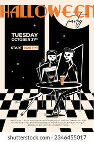 Halloween party invitation in retro style. Skeleton pair man and woman in bar in retro style of 60's-70's. Day of the Dead concept.