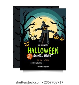 Halloween party invitation with a scarecrow, graves, bats, pumpkins and trees in full moon. Vector template