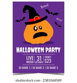 Halloween party invitation with scared pumpkin in witch hat and black bats on blue background. Vector Halloween celebration poster, banner or flyer to invite friends for entertainment event.