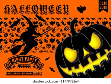Halloween party invitation with scary pumpkin. Vector illustration.