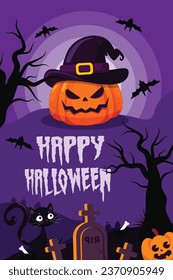 Halloween party invitation with scary pumpkin and a full moon, halloween illustration, Happy Halloween party poster vector, graveyard, candies and scary pumpkin