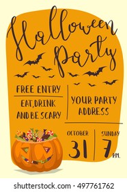 Halloween party invitation with scary pumpkin head jack full of sweet candies and flying bats, cartoon vector illustration.