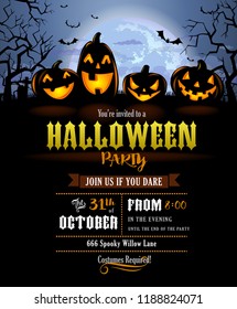 Halloween party invitation with scary pumpkins and a full moon