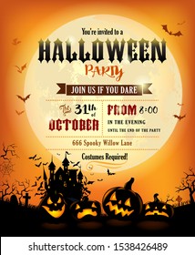 Halloween party invitation with scary pumpkins on bright background of a full moon.