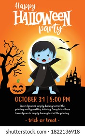 Halloween party invitation with scary pumpkins, full moon and monster