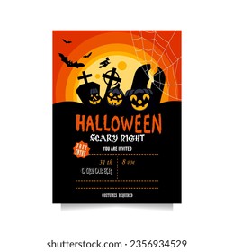 Halloween party invitation with scary pumpkins, graves, bats, a witch and web in full moon. Vector template