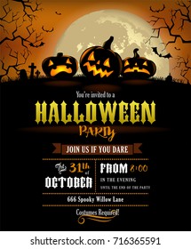 Halloween party invitation with scary pumpkins and a full moon