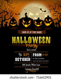 Halloween party invitation with scary pumpkins and a full moon