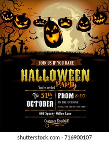 Halloween party invitation with scary pumpkins lanterns hanged out and a full moon