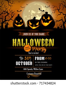 Halloween party invitation with scary pumpkins and a full moon