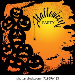 Halloween party invitation with scary pumpkins . Funny and evil pumpkins for halloween design. Vector