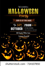 Halloween party invitation with scary pumpkins on black background