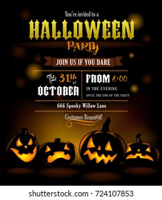 Halloween party invitation with scary pumpkins on black background