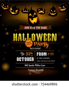 Halloween party invitation with scary pumpkins lanterns hanged out