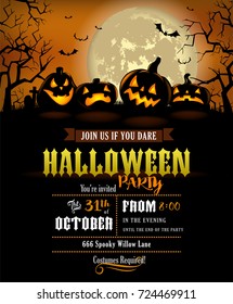 Halloween party invitation with scary pumpkins and a full moon