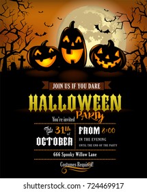 Halloween party invitation with scary pumpkins and a full moon