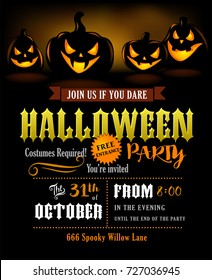 Halloween party invitation with scary pumpkins on black background