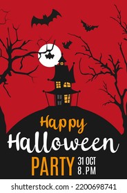 Halloween party invitation with scary tree, bat and moon or castle. Happy Halloween holiday. Poster and web banner with scary black and yellow background for school. Vector illustration 