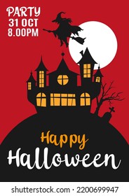 Halloween party invitation with scary witch and broom castle or grave, moon. Happy Halloween holiday. Poster or web banner with yellow background for school. Vector illustration 