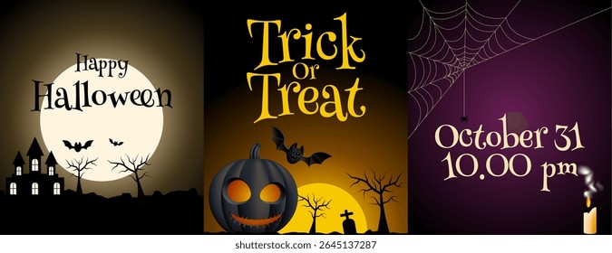 Halloween party invitation set with bats, pumpkins, and a spiderweb. Perfect for spooky Halloween party invitations or fallthemed events.