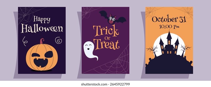 Halloween party invitation set with bats, pumpkins, castle and a spiderweb. Perfect for spooky Halloween party invitations or fallthemed events.