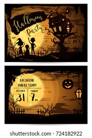 Halloween party invitation set with kids silhouettes and castle on tree in mystic forest at night under full moon, vector illustration. Halloween template with haunted house, pumpkin and flying bats