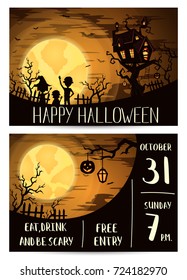 Halloween party invitation set with kids silhouettes and castle on tree in mystic forest at night under full moon, vector illustration. Halloween template with haunted house, pumpkin and flying bats