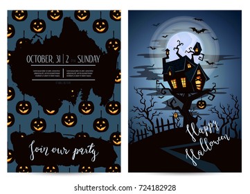 Halloween party invitation set with spooky castle on tree in mystic forest at night under full moon, vector illustration. Halloween design template with haunted house and lettering - Join our party.