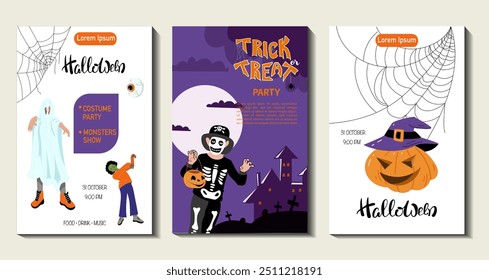 Halloween party invitation set templates. Children in zombie and ghost costumes. Halloween hand lettering advertising poster, spider web,isolated eye. pumpkin. Vector