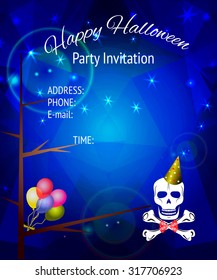 Halloween Party Invitation. Skull and crossbones, isolated over blue background. Vector illustration.