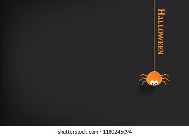 Halloween party invitation with spider hanging in dark background. Design greeting card paper art template. Use for flyer, banner, poster, vector illustration.