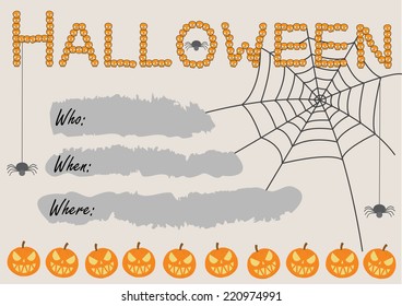 Halloween party invitation with spider web and pumpkin 